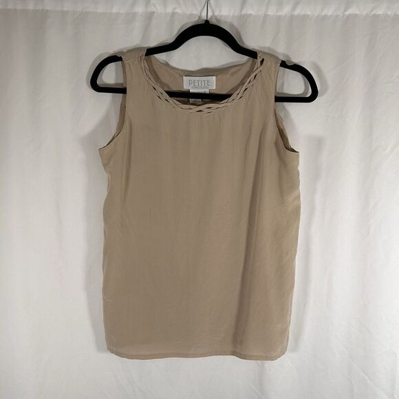 Petite Sophisticate 100% Silk Tank Top Women's P Beige Round Neck - Picture 1 of 6